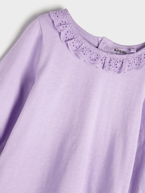 Close-up of a lavender long-sleeve top with lace trim on a light gray background