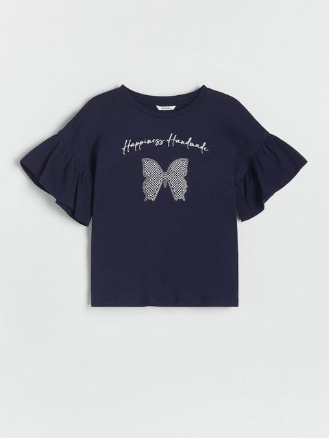 Reserved Girl's Navy Butterfly Rhinestone Ruffle Sleeve T-shirt | Reserved In Lebanon