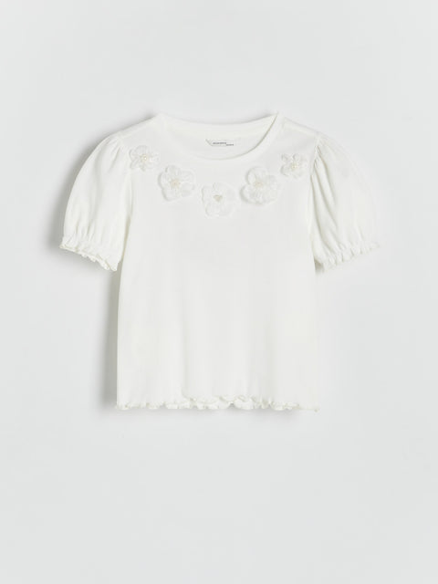 Reserved Girls White 3D Floral Puff Sleeve Top | Reserved in Lebanon