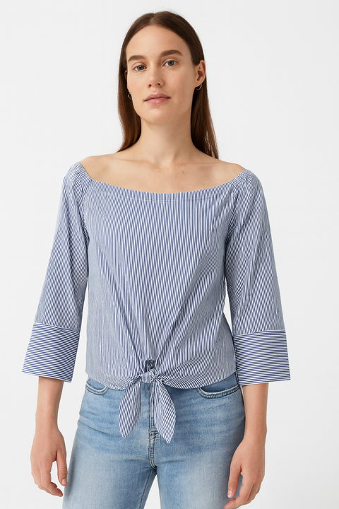 Mango Women's Blue Off-Shoulder Long Sleeve Striped Blouse |Mango In Lebanon