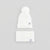 A white ribbed knit beanie with a matching pom-pom and a folded matching headband, both featuring a small navy and white logo patch on the cuff, set against a solid light gray background.