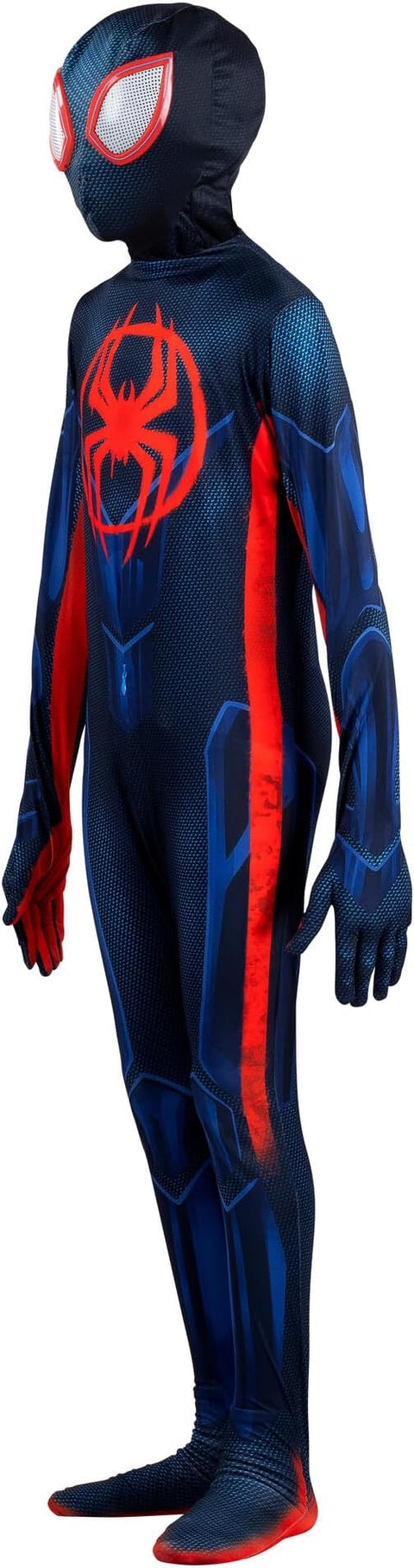 Spider-Man costume with blue and red design on a white background