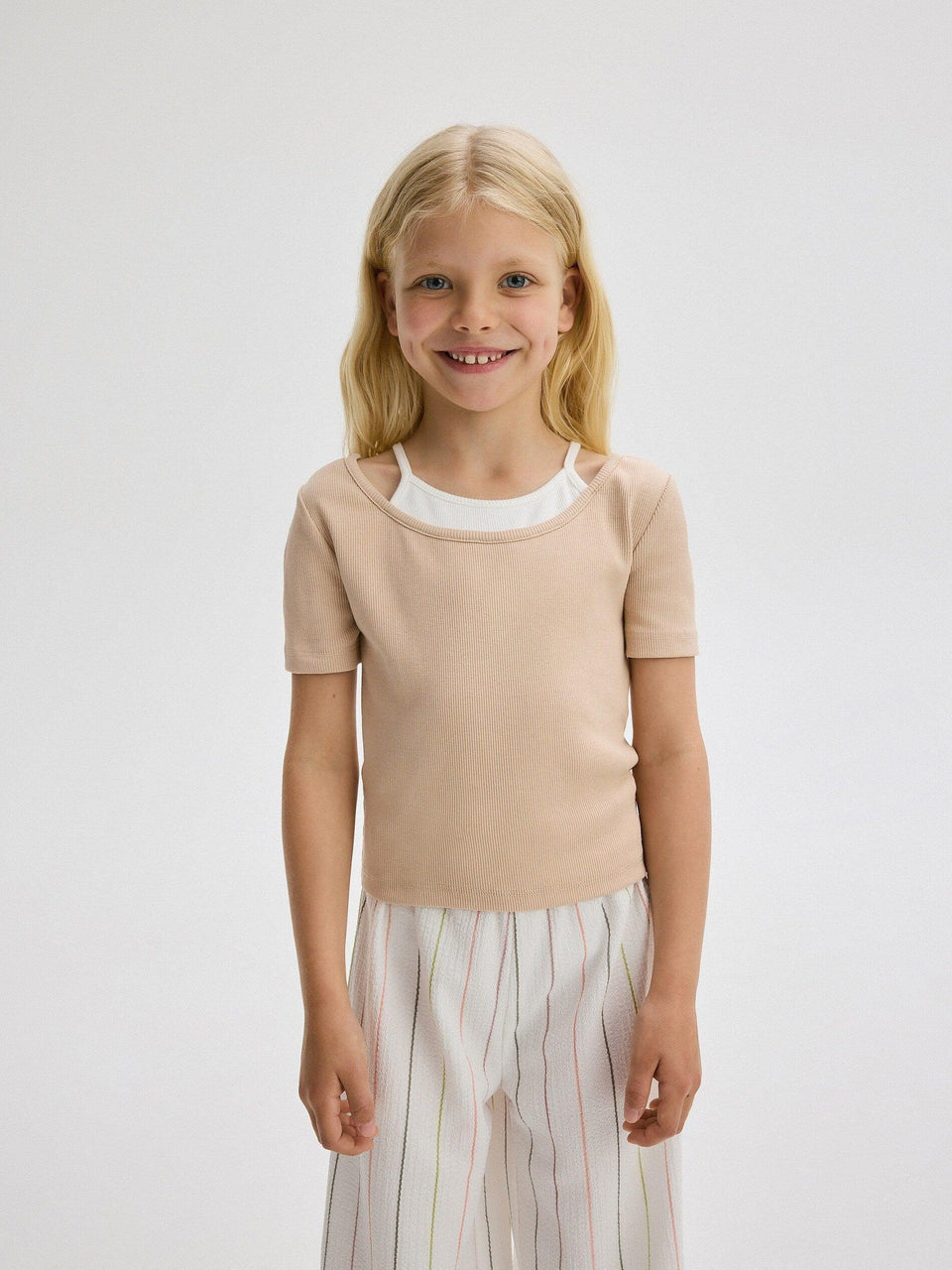 Reserved Girl's Beige Ribbed Knit T-Shirt | Reserved In Lebanon