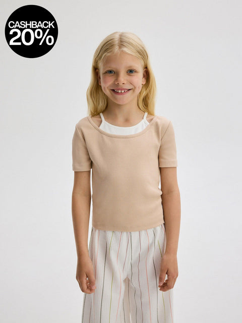 Reserved Girl's Beige Ribbed Knit T-Shirt | Reserved In Lebanon