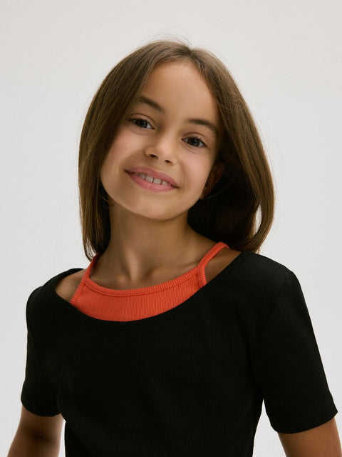 Reserved Girl's Black & Coral Rib knit T-shirt |Reserved In Lebanon