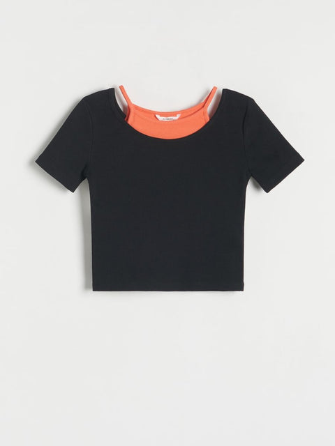 Reserved Girl's Black & Coral Rib knit T-shirt |Reserved In Lebanon