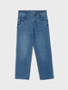 A pair of medium wash blue denim jeans with a straight-leg fit, shown flat against a light gray background.