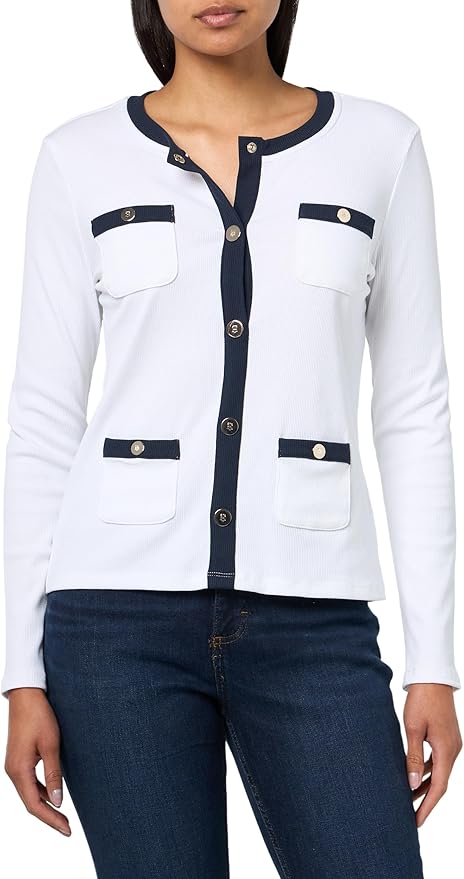 White cardigan with navy accents worn by a person on a white background