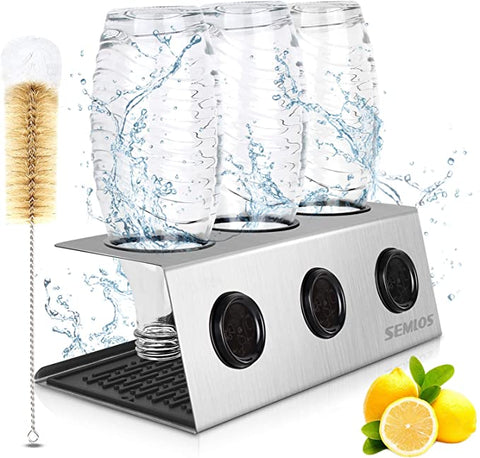 حامل الزجاجة المتميز للاتحاد الأوروبي لـ SodaStream Stefless Fething للزجاجات مع 3 حاملين للتنقيط ، لزجاجات Sodastream و Emil مع فرشاة الزجاجة و Sdrip Hat (Silver) AM108