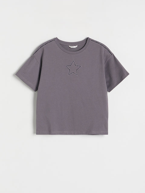 Gray t-shirt with a star design on a light gray background