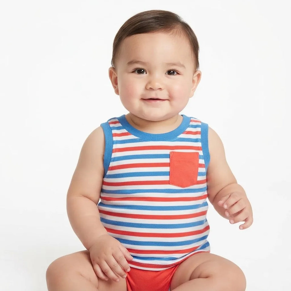 A baby wearing a sleeveless red, white, and blue striped romper with a red chest pocket, sitting against a plain white background.