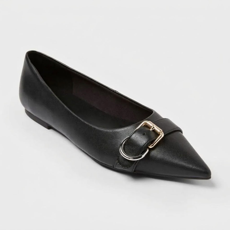 A New Day Women's Black Valentina Pointed Toe Buckle Ballet Flats