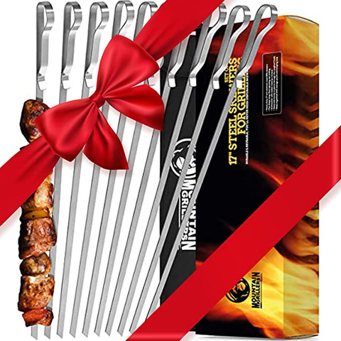 EU BBQ Grilling Kabob Skewers - 17 "الفولاذ المقاوم للصدأ - المعدن المسطح الطويل القابل لإعادة الاستخدام - شواء عصي الكباب - مجموعة من 10 واط/حقيبة تخزين مفيدة AM130