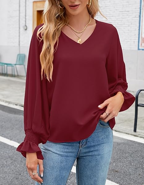 Vince Camuto Women's Burgundy V-Neck Blouson Sleeve Blouse |Vince Camuto In Lebanon
