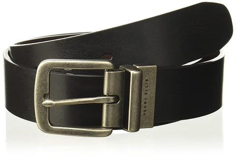 Black leather belt with a metallic buckle on a white background