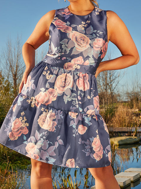 Chi Chi London Women's Navy Plus Size Floral Printed Tiered Skirt Mini Dress  UARW6 FE628(SHR)