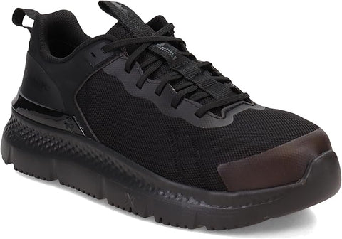 Black athletic shoe with a brown heel on a white background