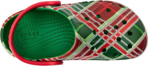 Plaid-patterned Crocs sandal with green interior and red accents