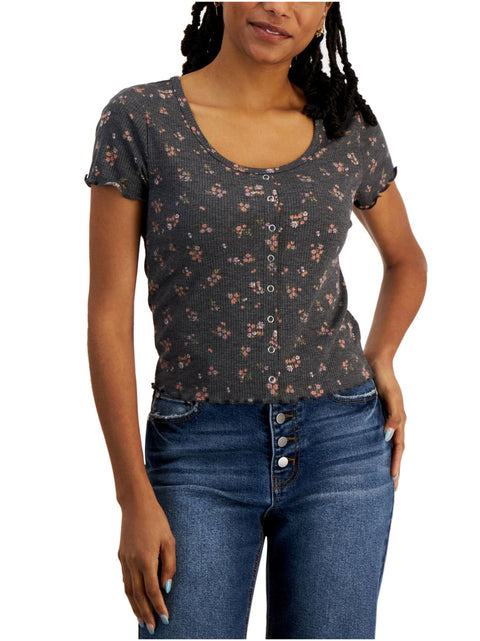 Hippie Rose Women's Gray Floral-Print Snap-Front Ribbed Blouse | Hippie Rose In Lebanon