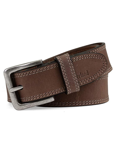Brown leather belt with silver buckle on a white background