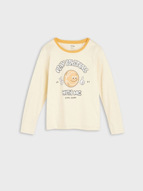 Yellow long-sleeve shirt with graphic design on a white background