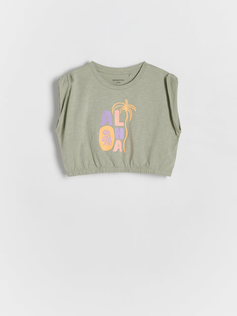 Green sleeveless crop top with colorful text and palm tree design on a white background