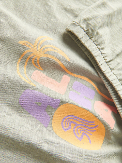 Gray shorts with colorful graphic design on a light gray background