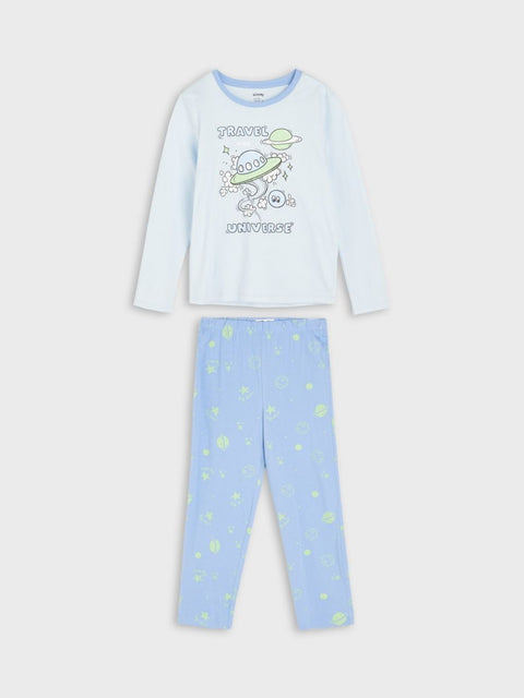 Children's pajama set with long-sleeve top and pants on a white background