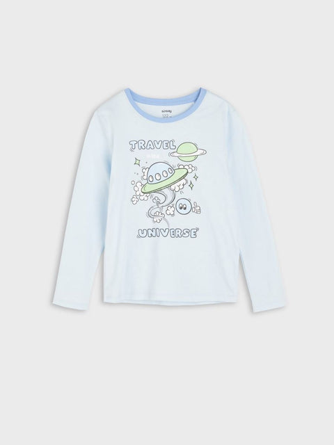 Light blue long-sleeve shirt with space-themed design on a white background
