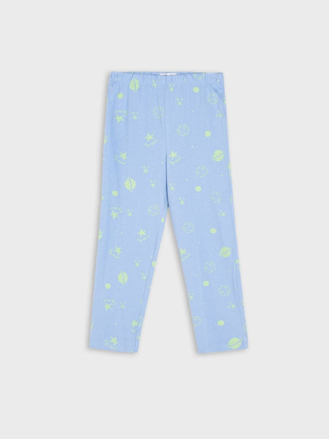 Light blue leggings with green floral patterns on a white background