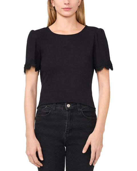 CeCe Women's Black Short Sleeve Tee With Lace Sleeve Opening Blouse | CeCe In Lebanon