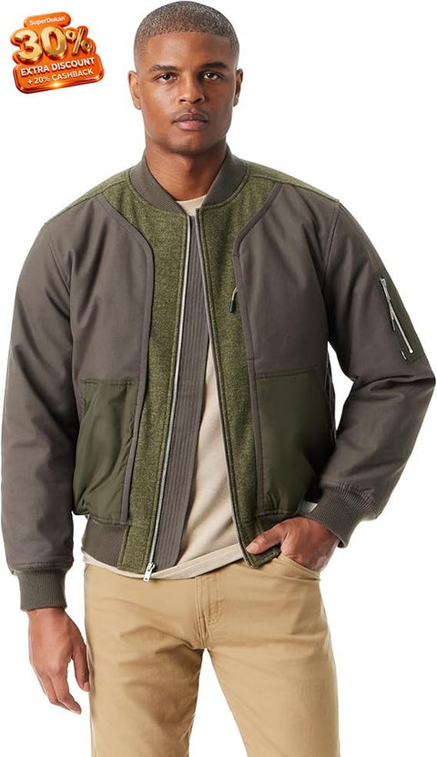 Bass Outdoor Men's Olive Green Hero Mix Media Zip Up Front Bomber Jacket | Bass Outdoor In Lebanon