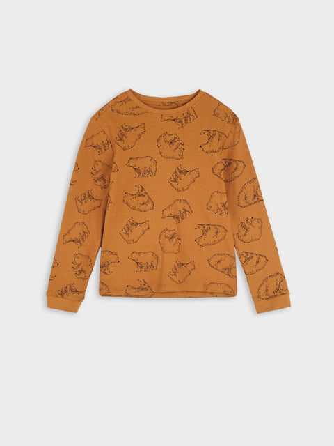 Orange long-sleeve shirt with bear pattern on a white background