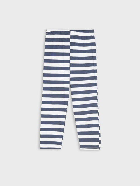 Blue and white striped leggings on a light gray background