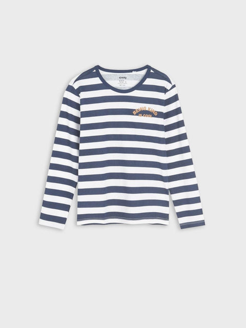 Blue and white striped long-sleeve shirt with a logo on a light gray background