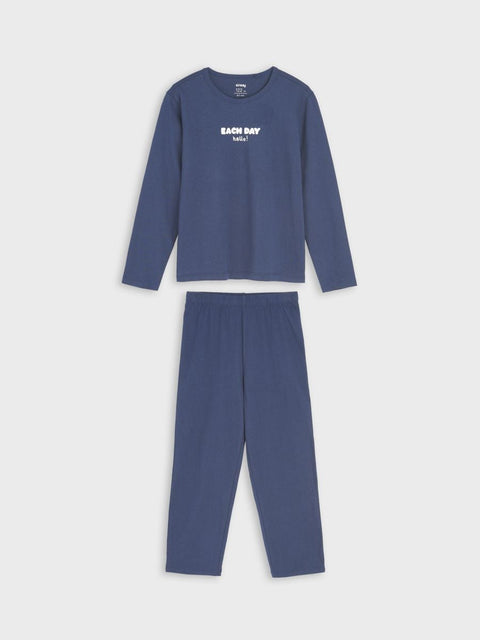 Blue pajama set with long-sleeve top and pants on a white background