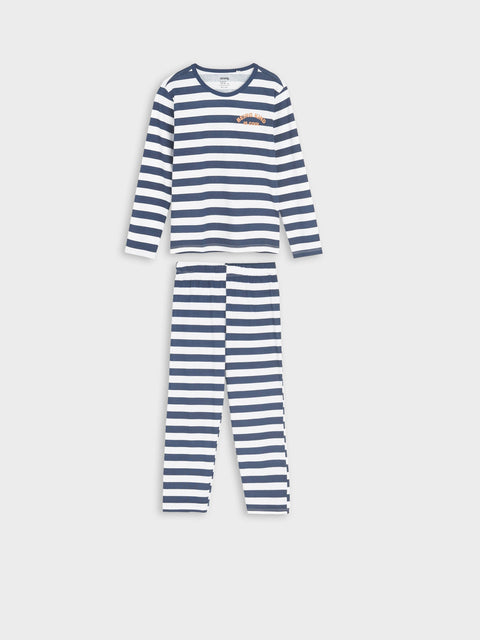 Striped pajama set with long-sleeve top and pants on a white background