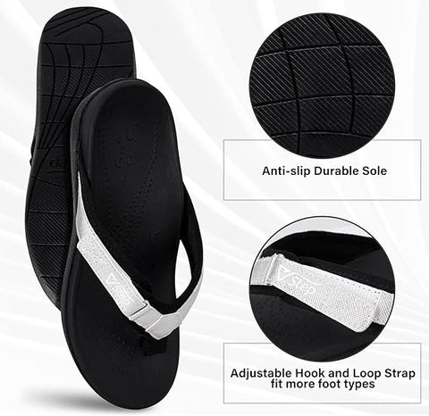 Black sandals with white straps on a light gray background, featuring close-up details of the sole and strap.