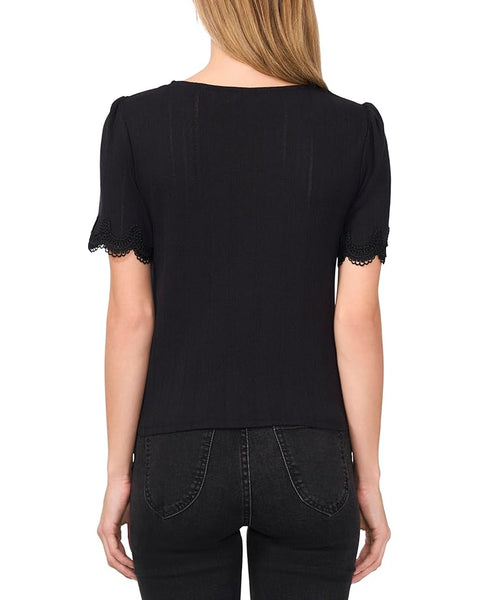 CeCe Women's Black Short Sleeve Tee With Lace Sleeve Opening Blouse | CeCe In Lebanon