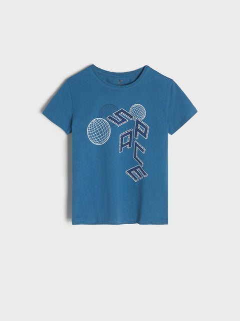 Blue t-shirt with white graphic design on a light gray background
