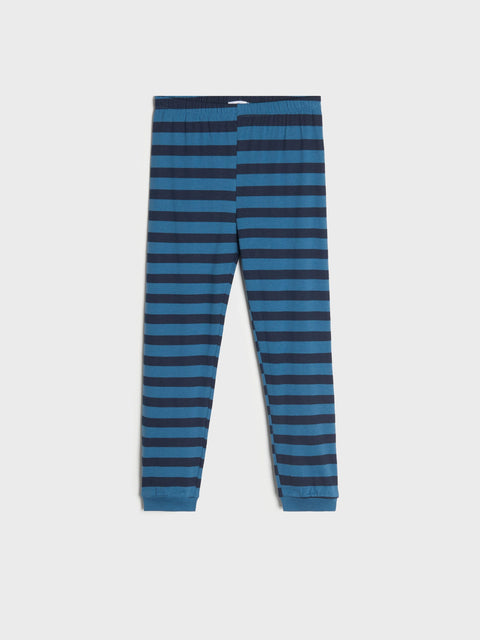 Blue and black striped leggings on a white background