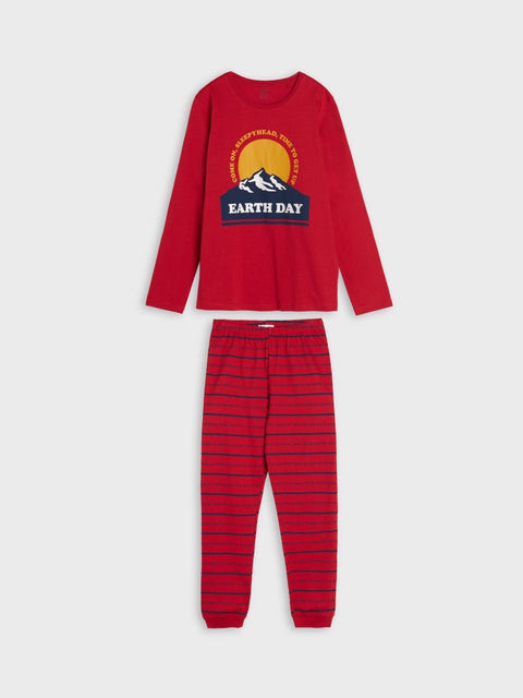 Red pajama set with 'Earth Day' graphic on a white background
