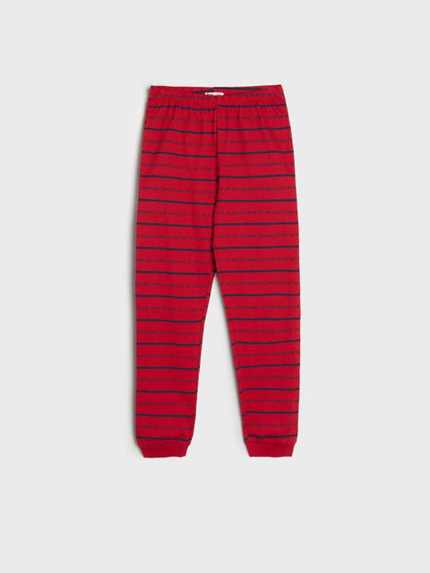 Red and blue striped pants on a white background
