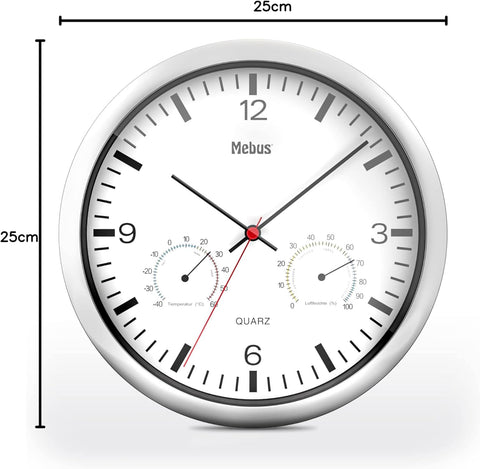 Mebus Silver, White Quartz Wall Clock With Thermometer And Hygrometer | Mebus In Lebanon