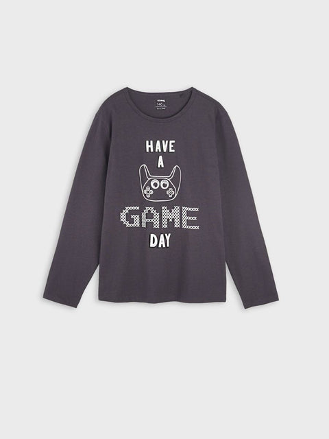 Dark gray long-sleeve shirt with 'Have a Game Day' text and owl graphic on a light gray background