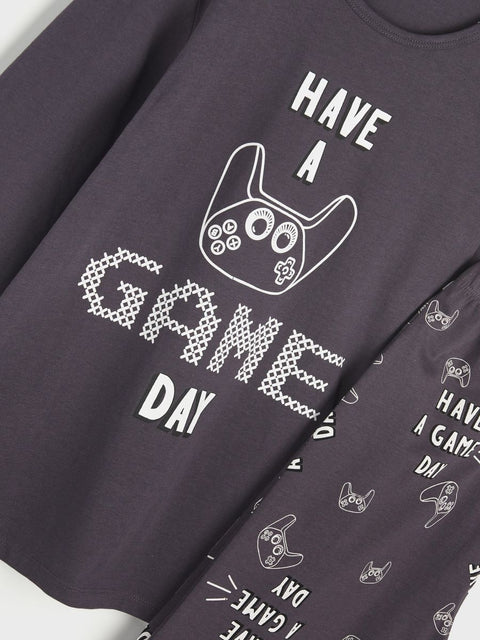 Dark gray sweatshirt with white text and graphics on a white background
