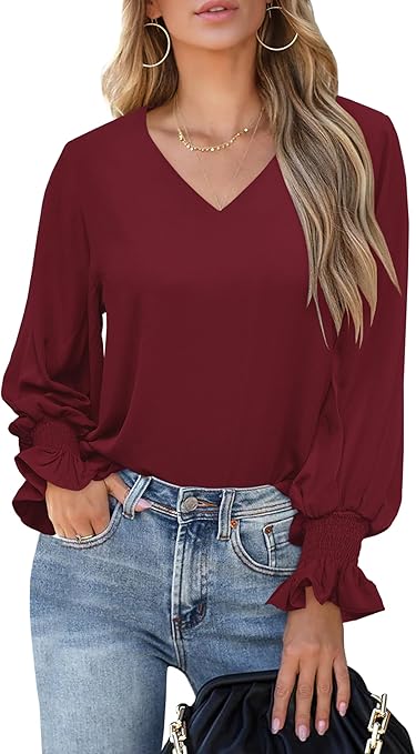 Vince Camuto Women's Burgundy V-Neck Blouson Sleeve Blouse |Vince Camuto In Lebanon