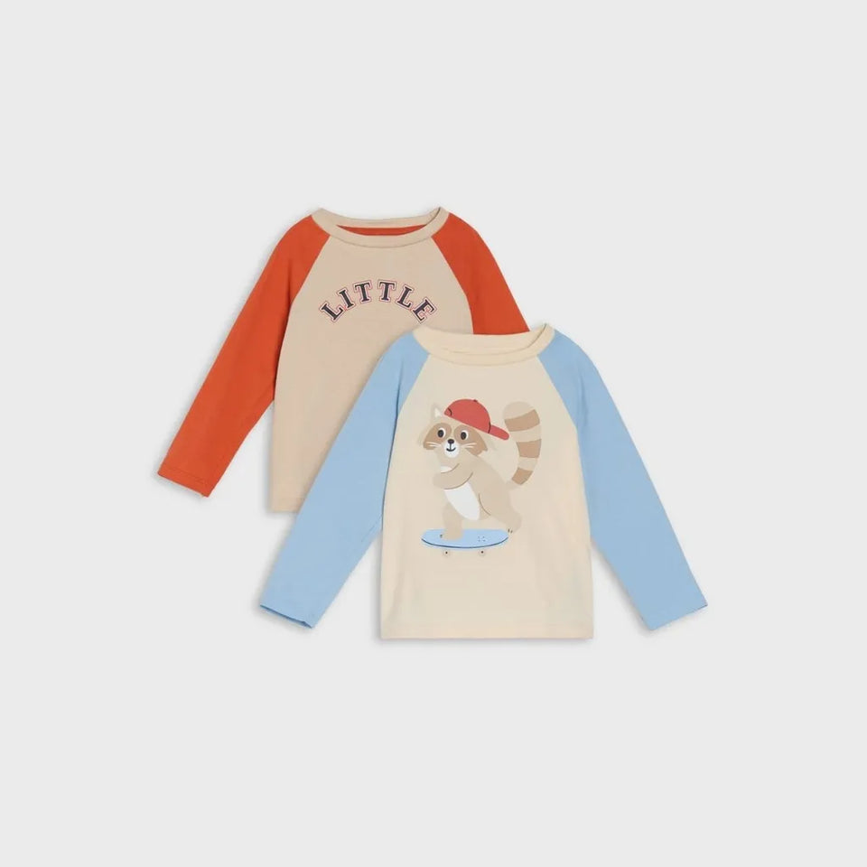Two children's long-sleeve raglan shirts shown on a light gray background. The front shirt is cream with light blue sleeves and features a cartoon dog graphic on the chest.