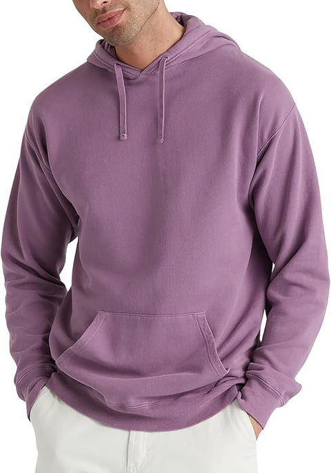 Purple hoodie worn by a person on a white background