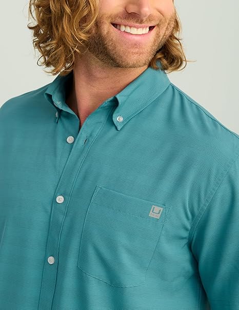 Huk Men's Blue Kona Solid Fishing Button Down Short Sleeve Shirt | Huk In Lebanon